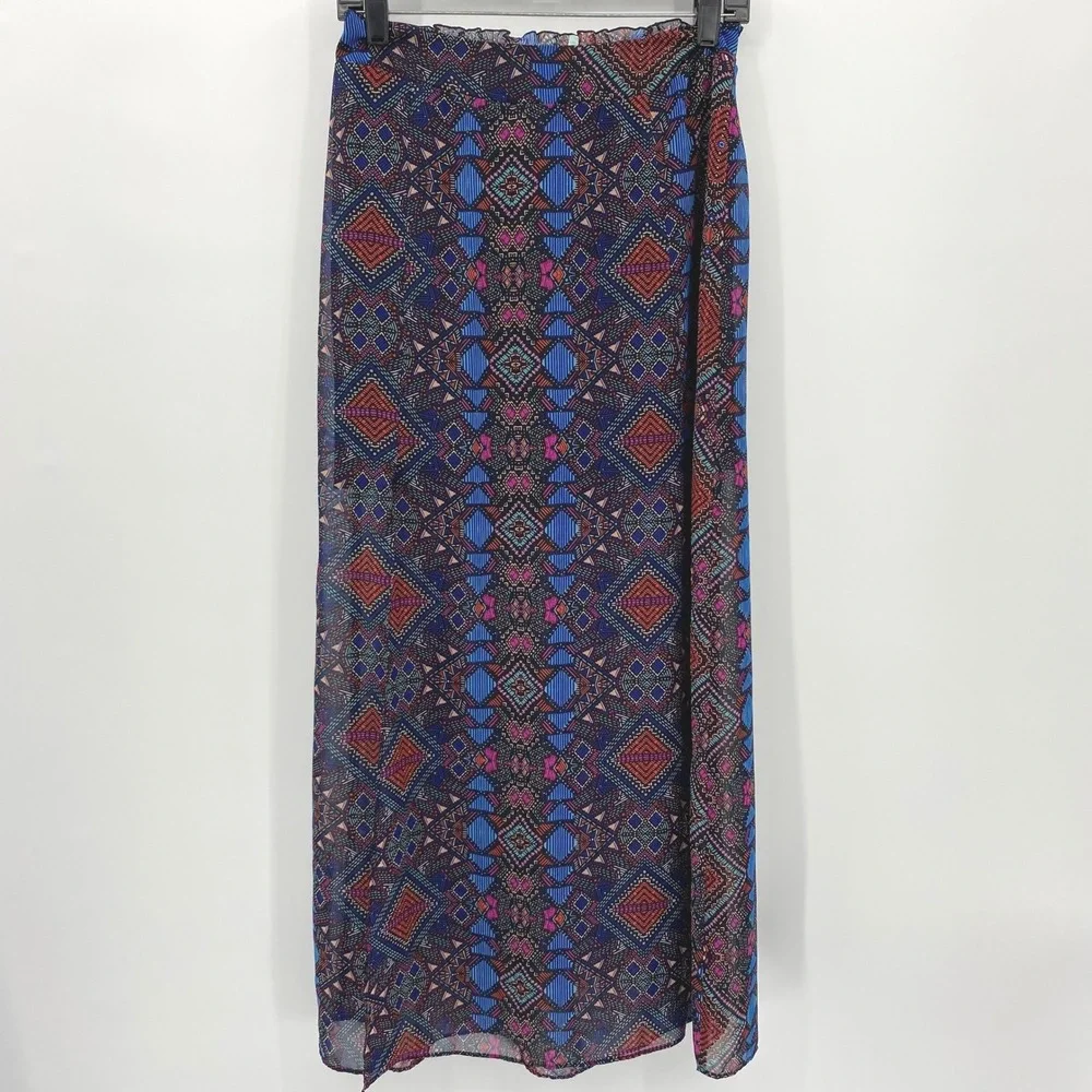 Maurices‎ Womens Maxi Skirt Geometric Print Elastic Waist Slit Size Small, Boho